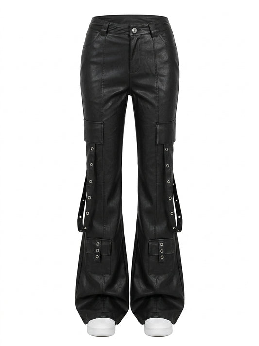Visual Kei Black Faux Leather Cargo Flare Pants with Grommet Detail Shoptery