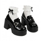 Jirai Kei Patent Platform Loafer with Pearl Heart Buckle & Lace Socks Black women shoes Shoptery