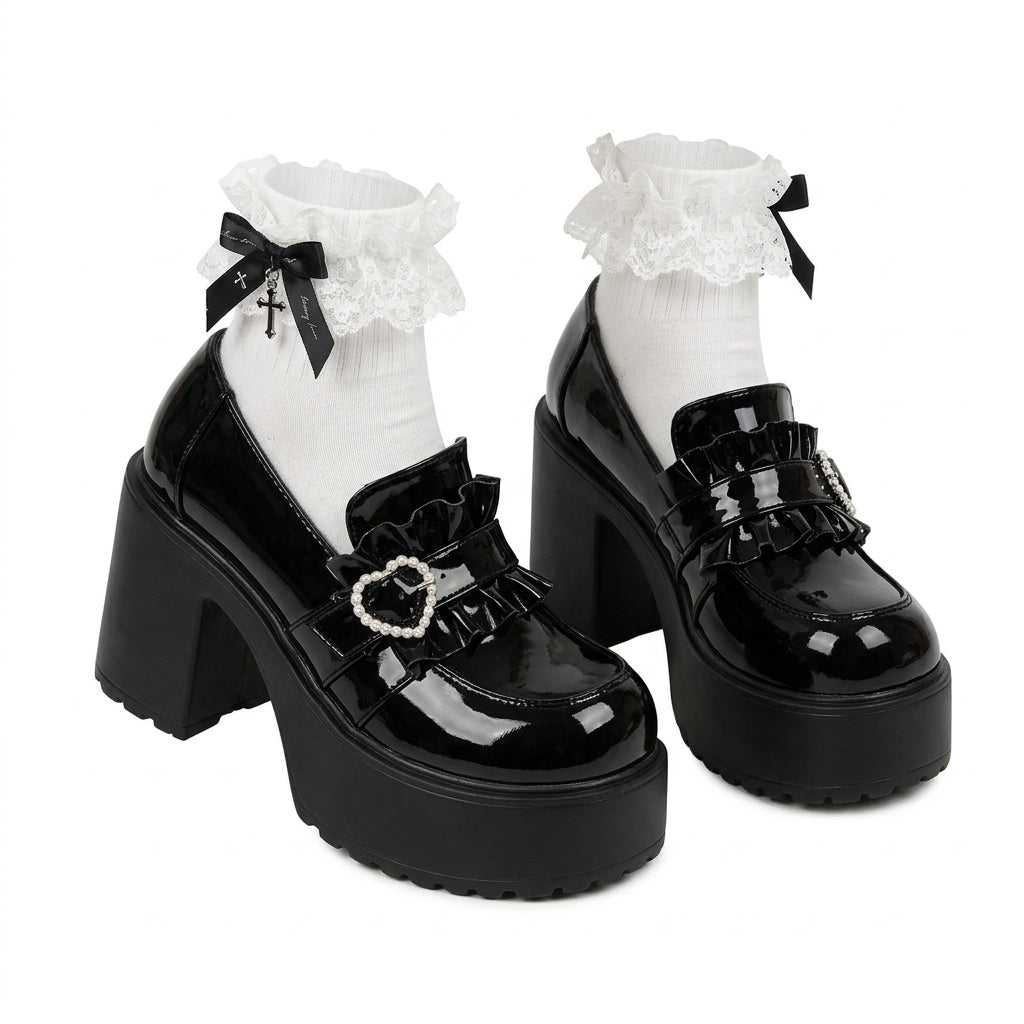 Jirai Kei Patent Platform Loafer with Pearl Heart Buckle & Lace Socks Black women shoes Shoptery