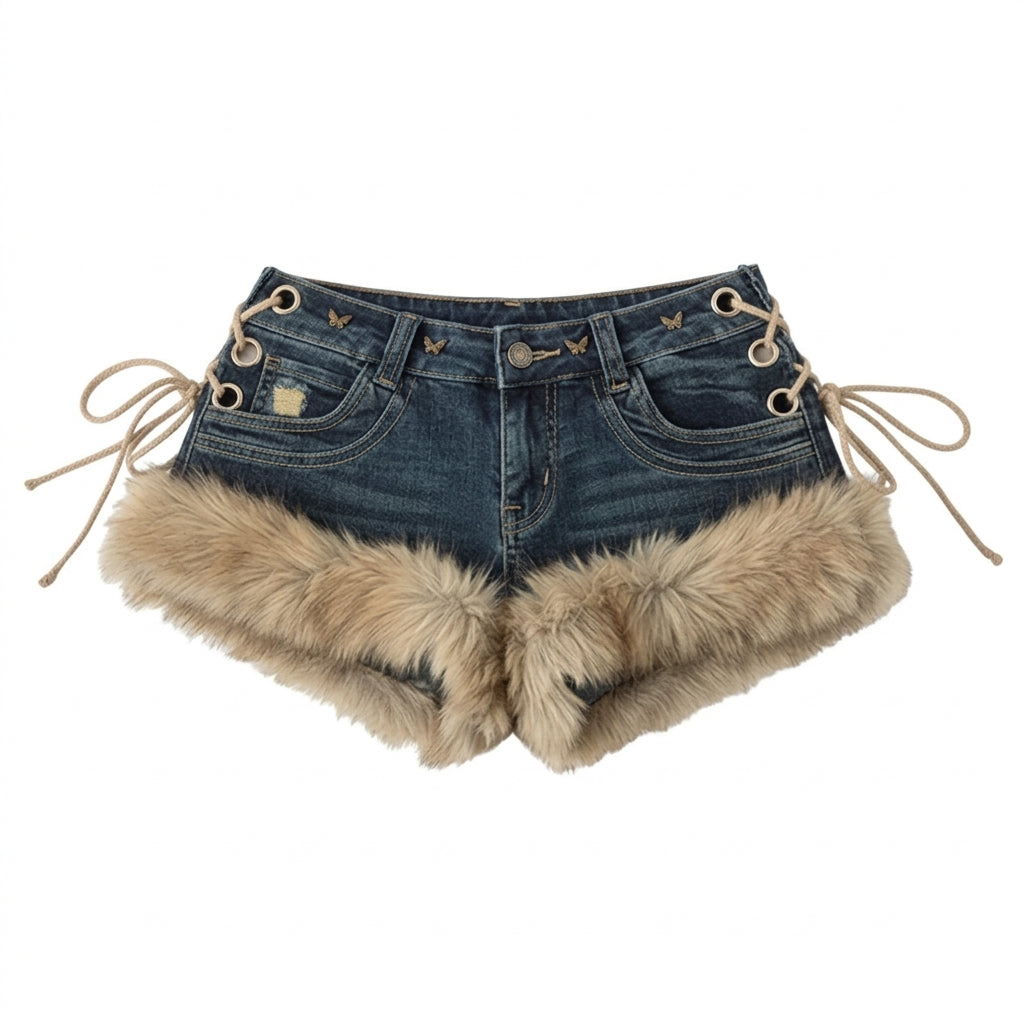 Gyaru Faux Fur Trim Low-Rise Lace-Up Micro Denim Shorts Blue Shoptery
