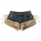 Gyaru Faux Fur Trim Low-Rise Lace-Up Micro Denim Shorts Blue Shoptery