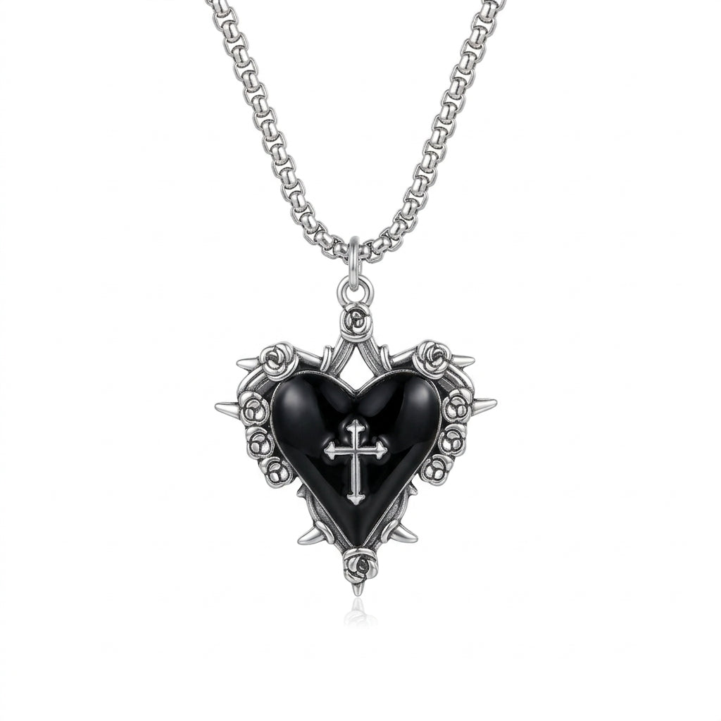 Visual Kei Black Heart Cross Thorn Rose Silver Chain Pendant Necklace Shoptery Main image