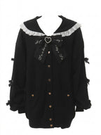Jirai Kei Black Sailor Collar Heart Button Bow Ribbon Knit Cardigan black One Size Shoptery