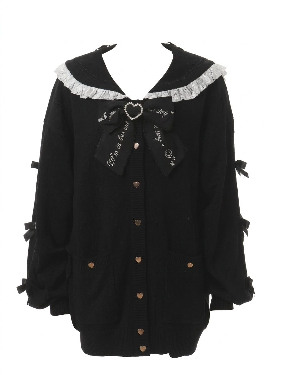 Jirai Kei Black Sailor Collar Heart Button Bow Ribbon Knit Cardigan black One Size Shoptery