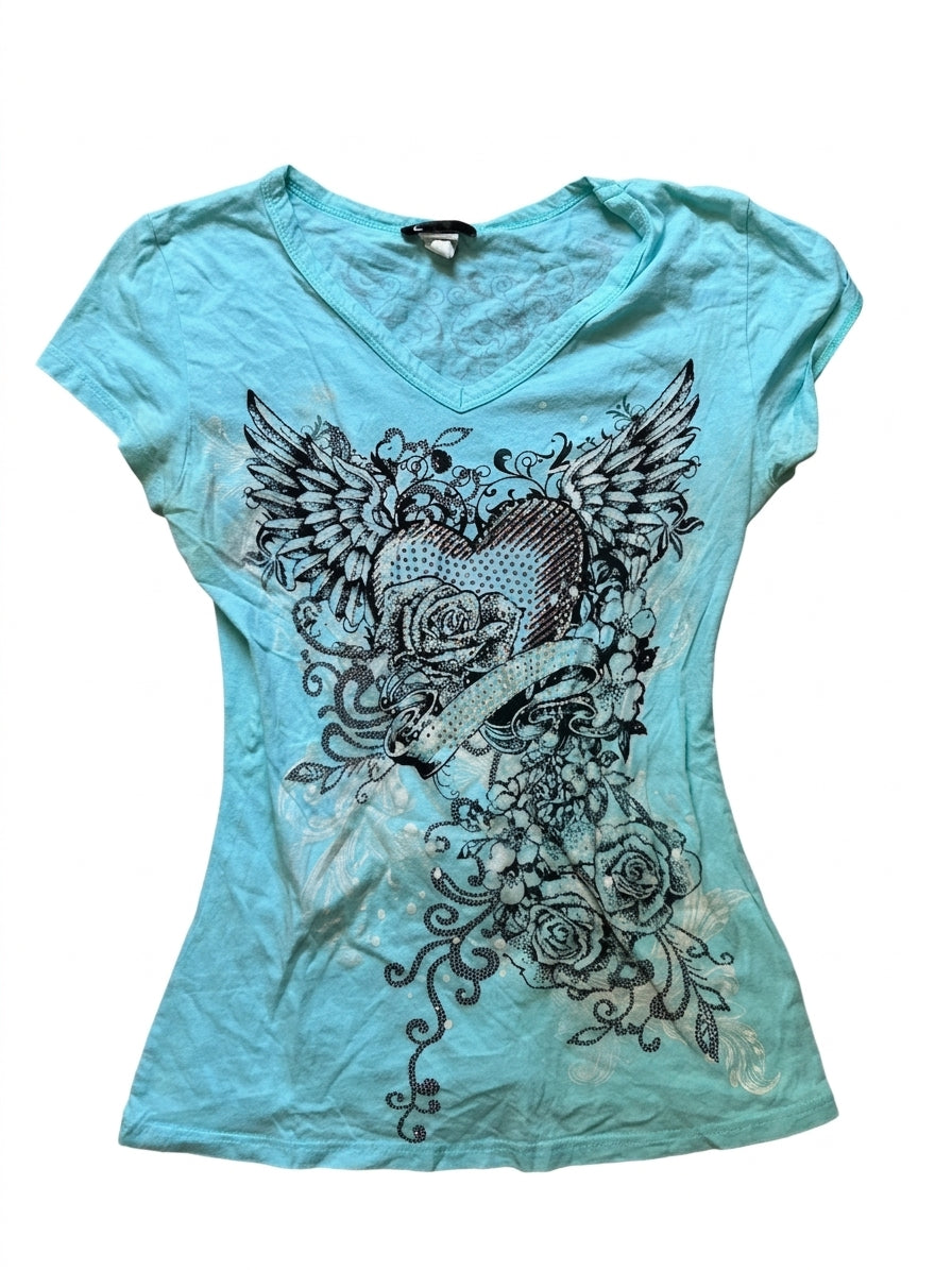Visual Kei Winged Heart Rose Print V-Neck Tee in Turquoise blue Shoptery
