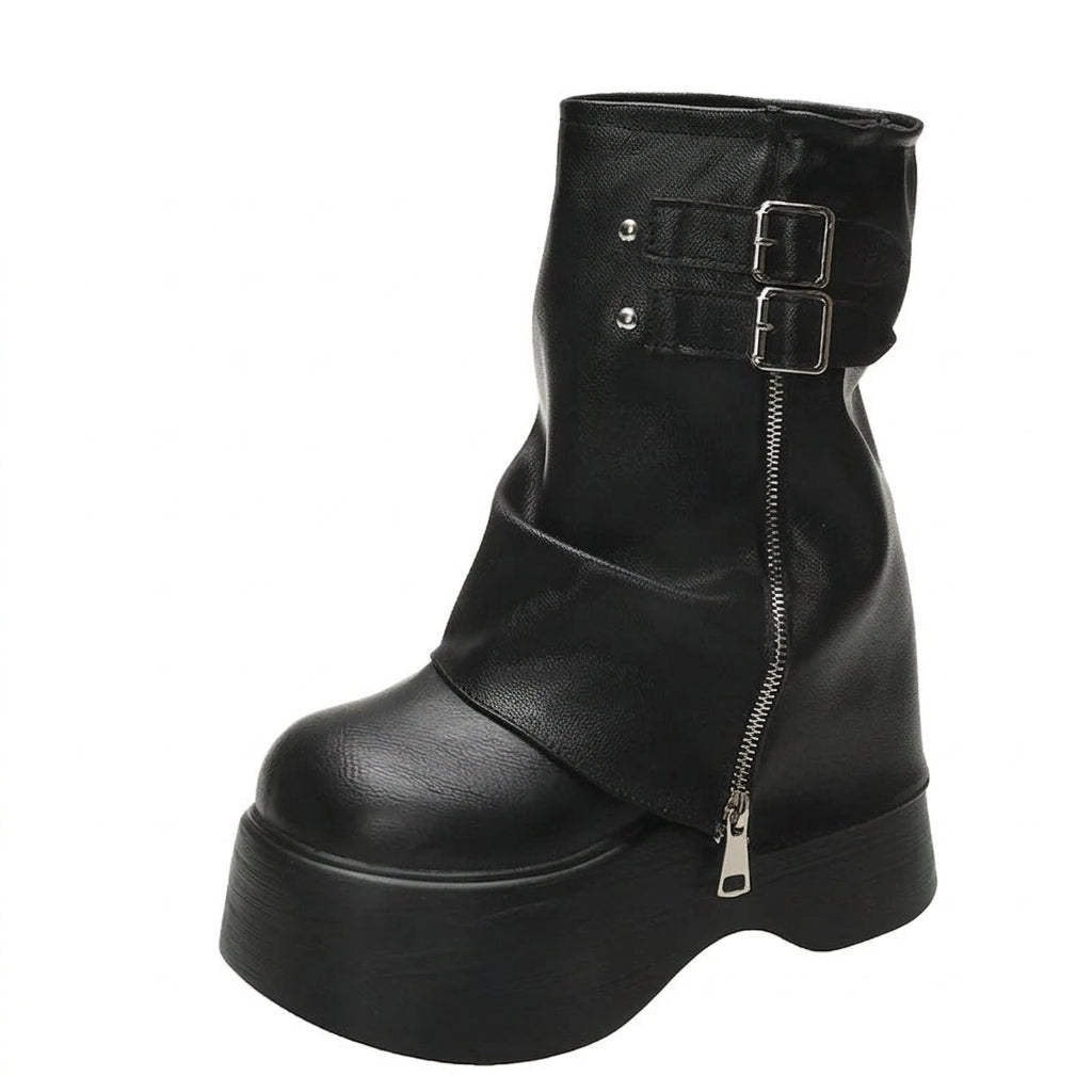 Visual Kei Black Platform Zip Buckle Ankle Boots Shoptery