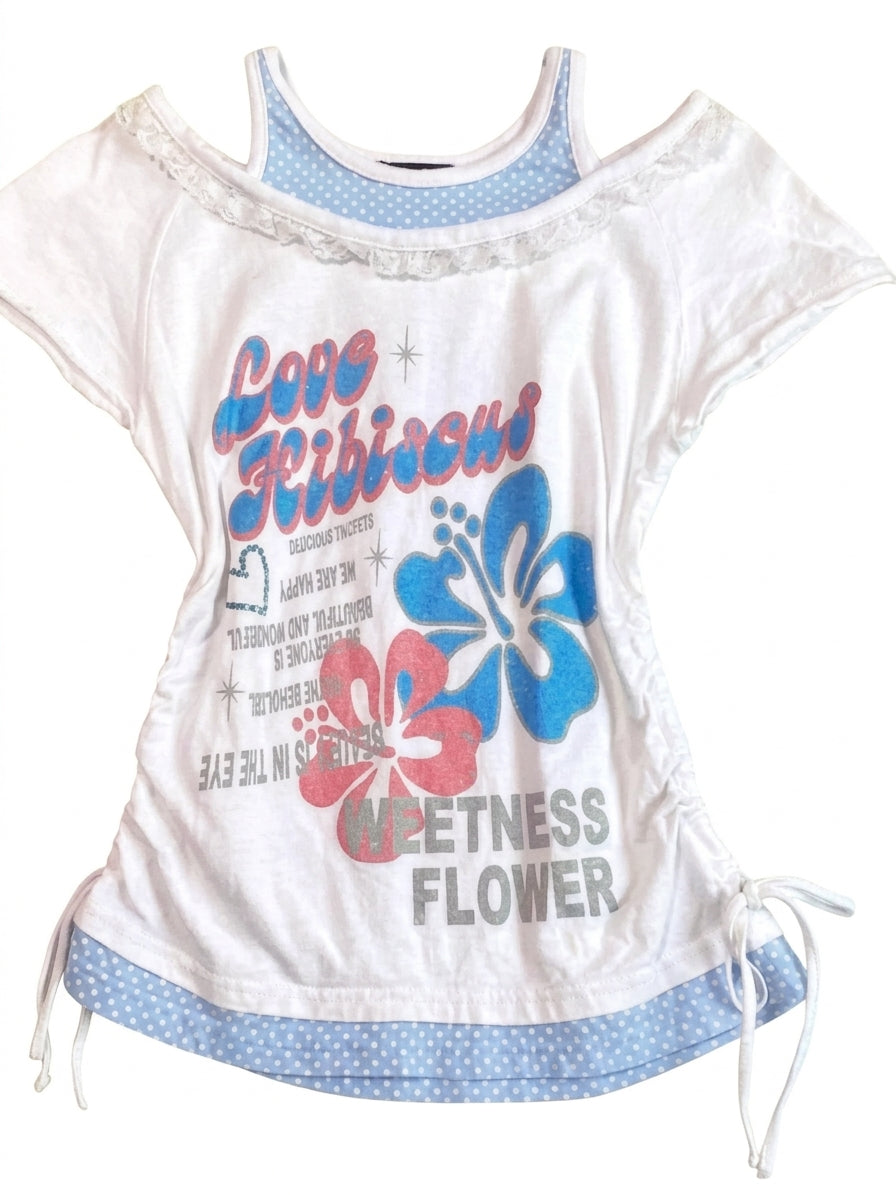 Gyaru Sweet Hibiscus Cold-Shoulder Layered Graphic Tee Shoptery Main image