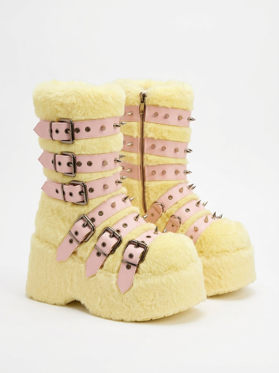 Jirai Kei Pastel Faux Fur Platform Boots with Spiked Buckle Straps yellow China Mainland Shoptery Main image