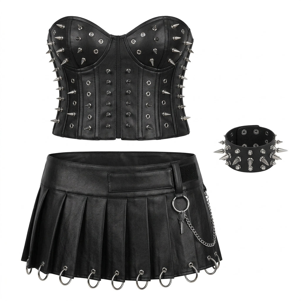 Visual Kei Spiked PU Leather Corset & Pleated Mini Skirt Set Shoptery Main image
