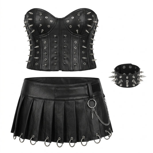 Visual Kei Spiked PU Leather Corset & Pleated Mini Skirt Set Shoptery