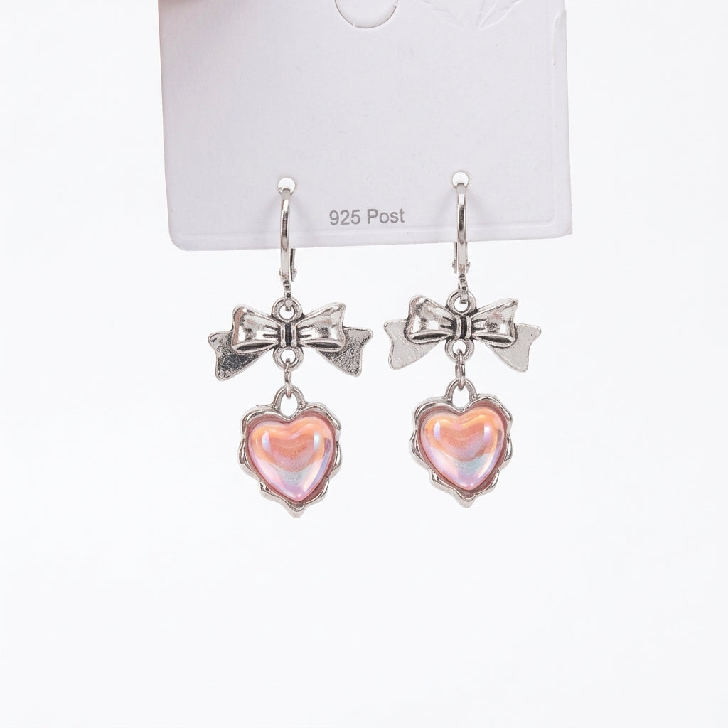 Jirai Kei Silver Bow & Iridescent Heart Dangle Hoop Earrings 02 Shoptery Main image