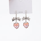 Jirai Kei Silver Bow & Iridescent Heart Dangle Hoop Earrings 02 Shoptery