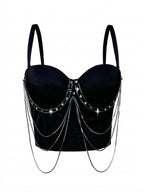 Visual Kei Crystal Chain Draped Bustier Corset Crop Top Black Shoptery