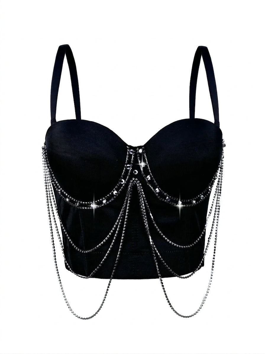 Visual Kei Crystal Chain Draped Bustier Corset Crop Top Black Shoptery
