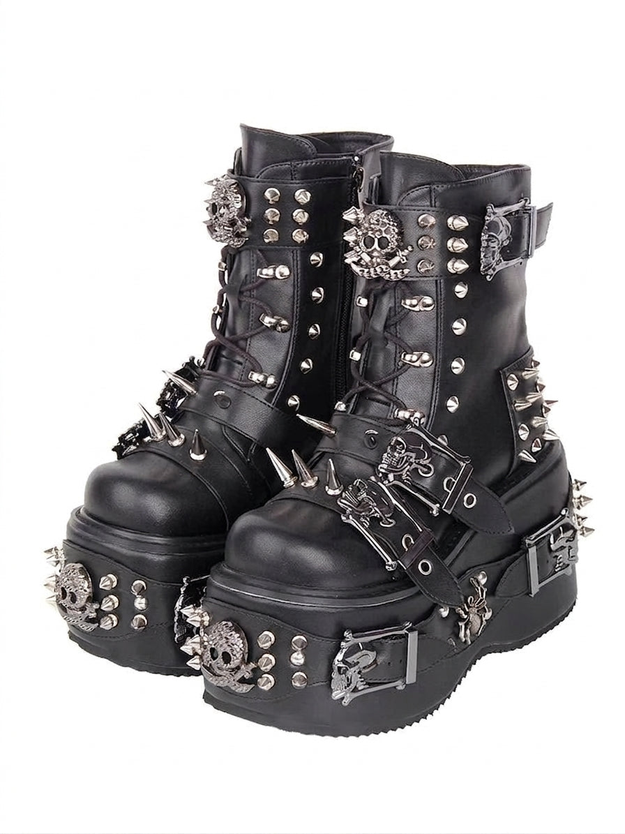 Visual Kei Skull Studded Spike Platform Combat Boots black Shoptery Main image
