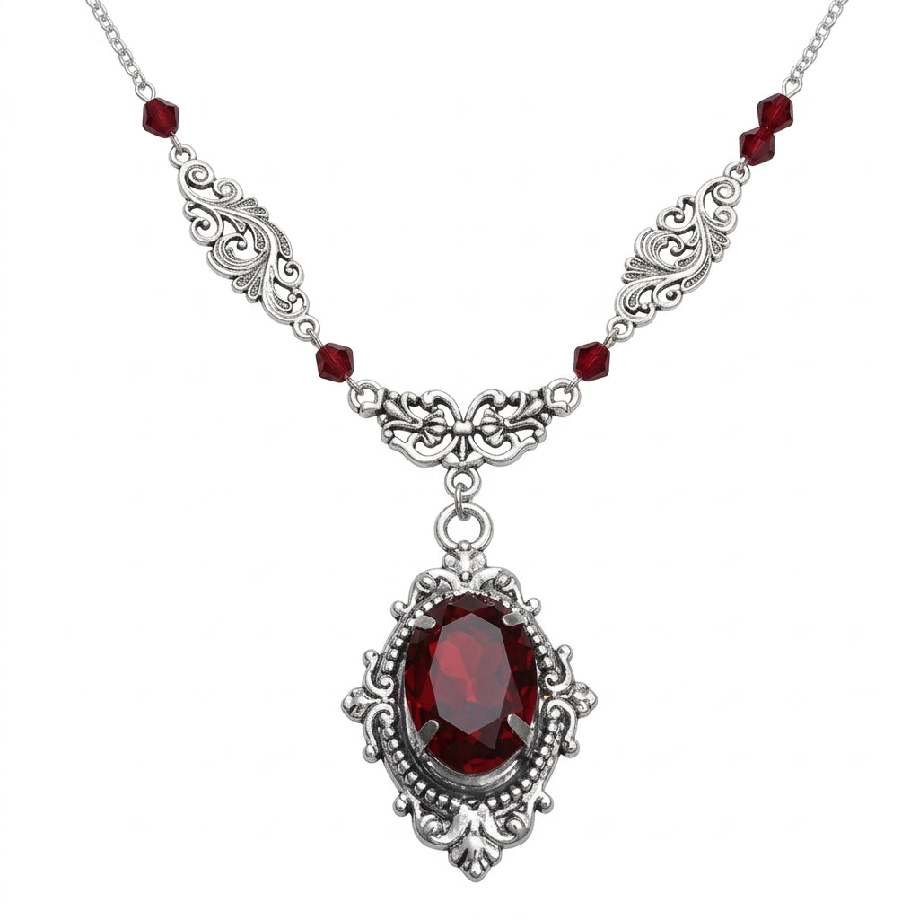 Visual Kei Baroque Filigree Red Crystal Pendant Necklace YG4044-1 Shoptery