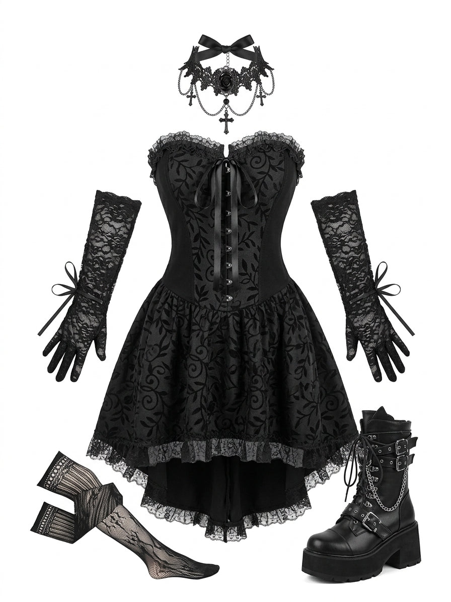 Visual Kei Gothic Lace Corset Dress with Gloves & Choker Set Black Shoptery Main image