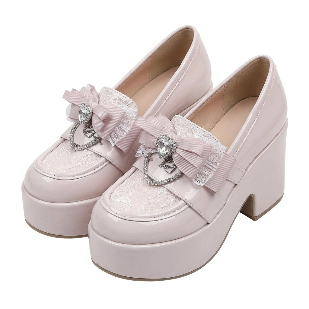 Jirai Kei Patent Lace Bow Platform Loafer Heels in Pink Shoptery