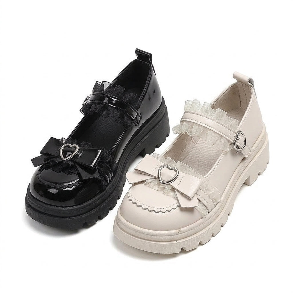 Jirai Kei Lace Frill Bow Heart-Buckle Platform Mary Jane Shoes balck 2 Shoptery Main image