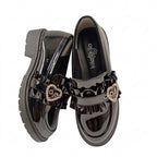 Jirai Kei Patent Ruffle Loafers with Rhinestone Heart Buckle Black glossy Shoptery