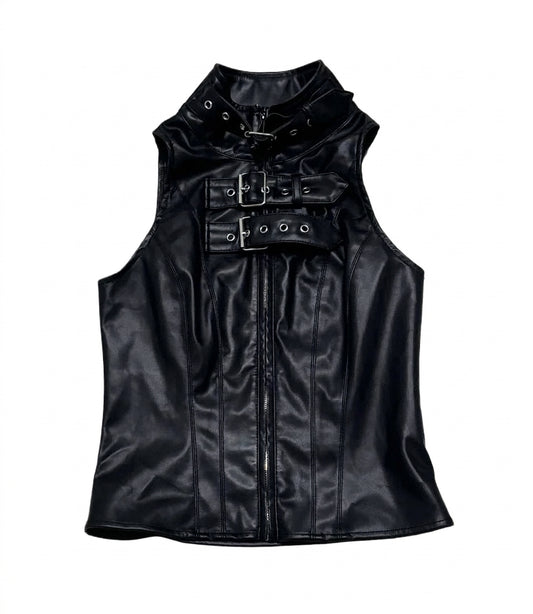 Visual Kei Black PU Leather Buckle Zip Corset Vest Top Shoptery