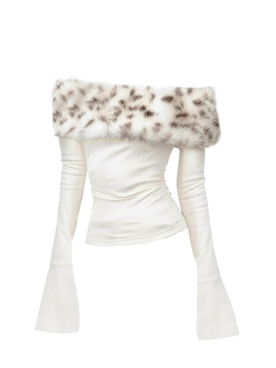 Gyaru Faux Fur Off-Shoulder Bell Sleeve Fitted Top Beige Shoptery