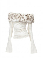 Gyaru Faux Fur Off-Shoulder Bell Sleeve Fitted Top Beige Shoptery