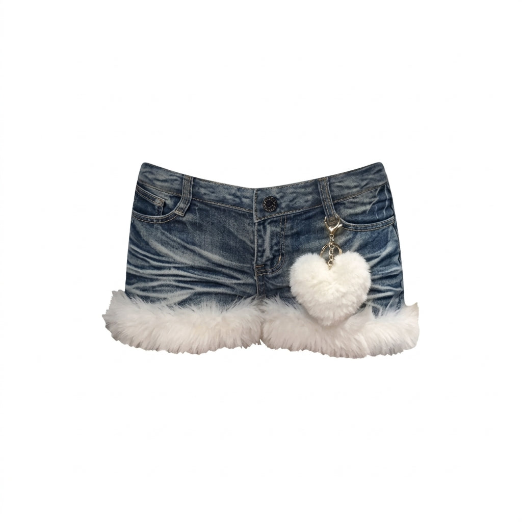 Gyaru Low-Rise Denim Mini Shorts with Fur Trim & Heart Charm Blue Shoptery