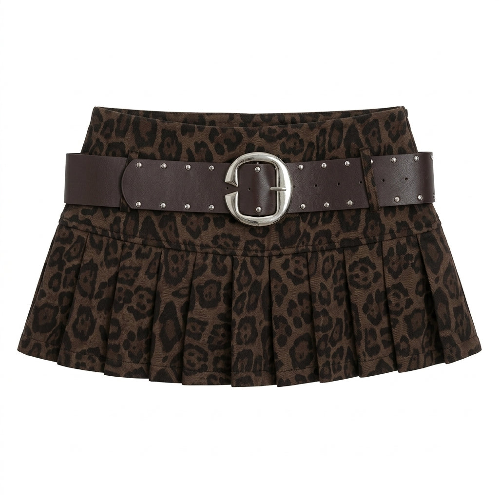 Gyaru Leopard Print Pleated Mini Skirt with Studded Belt Beige Shoptery Hauptbild