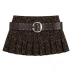 Gyaru Leopard Print Pleated Mini Skirt with Studded Belt Beige Shoptery