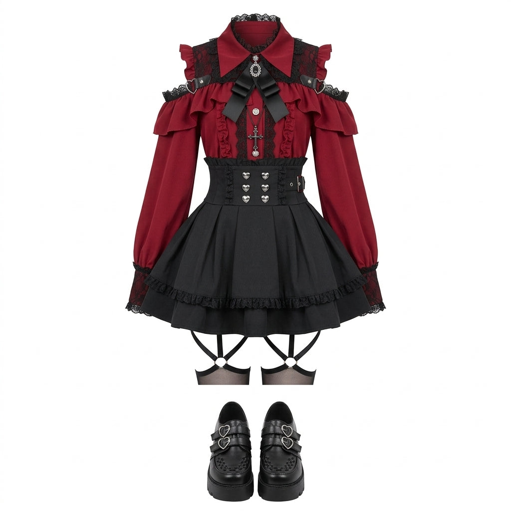 Jirai Kei Red Ruffle Blouse & Black Pleated Skirt Gothic Set Shoptery
