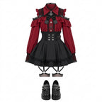 Jirai Kei Red Ruffle Blouse & Black Pleated Skirt Gothic Set Shoptery
