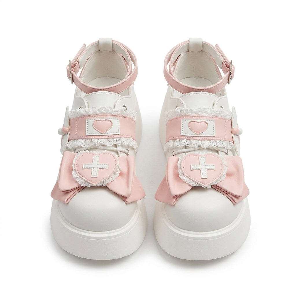 Jirai Kei Nurse Heart Cross Platform Sneakers with Lace & Bow Pink Shoptery