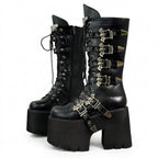 Visual Kei Black Platform Lace-Up Boots with Bat Buckle Straps Shoptery