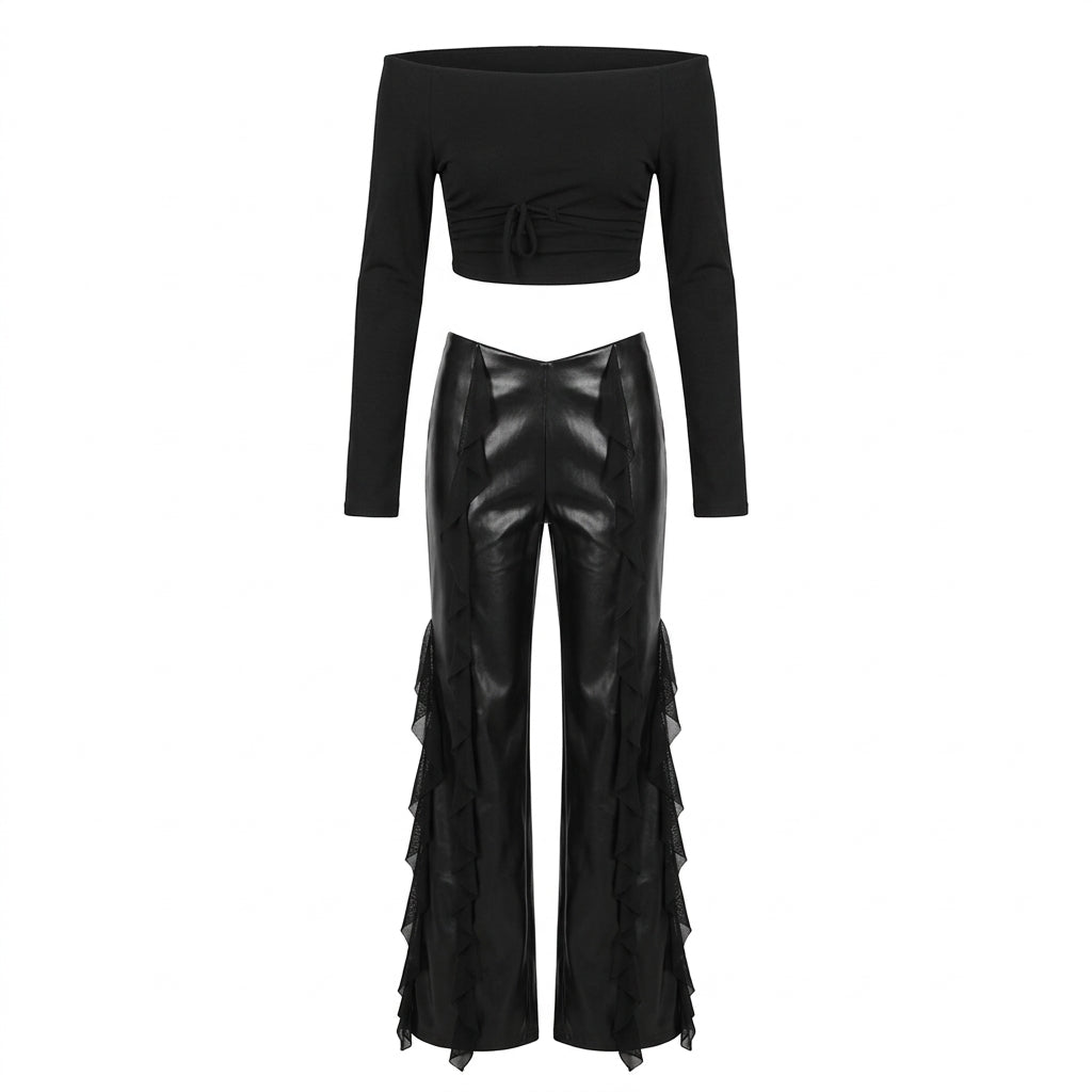Visual Kei Faux Leather Ruffle Flare Pants & Off-Shoulder Crop Top Set black Shoptery