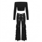 Visual Kei Faux Leather Ruffle Flare Pants & Off-Shoulder Crop Top Set black Shoptery