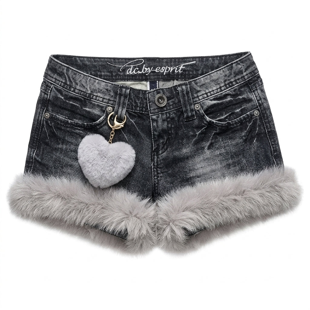 Gyaru Acid Wash Denim Micro Shorts with Faux Fur Trim & Heart Charm Blue Shoptery Main image