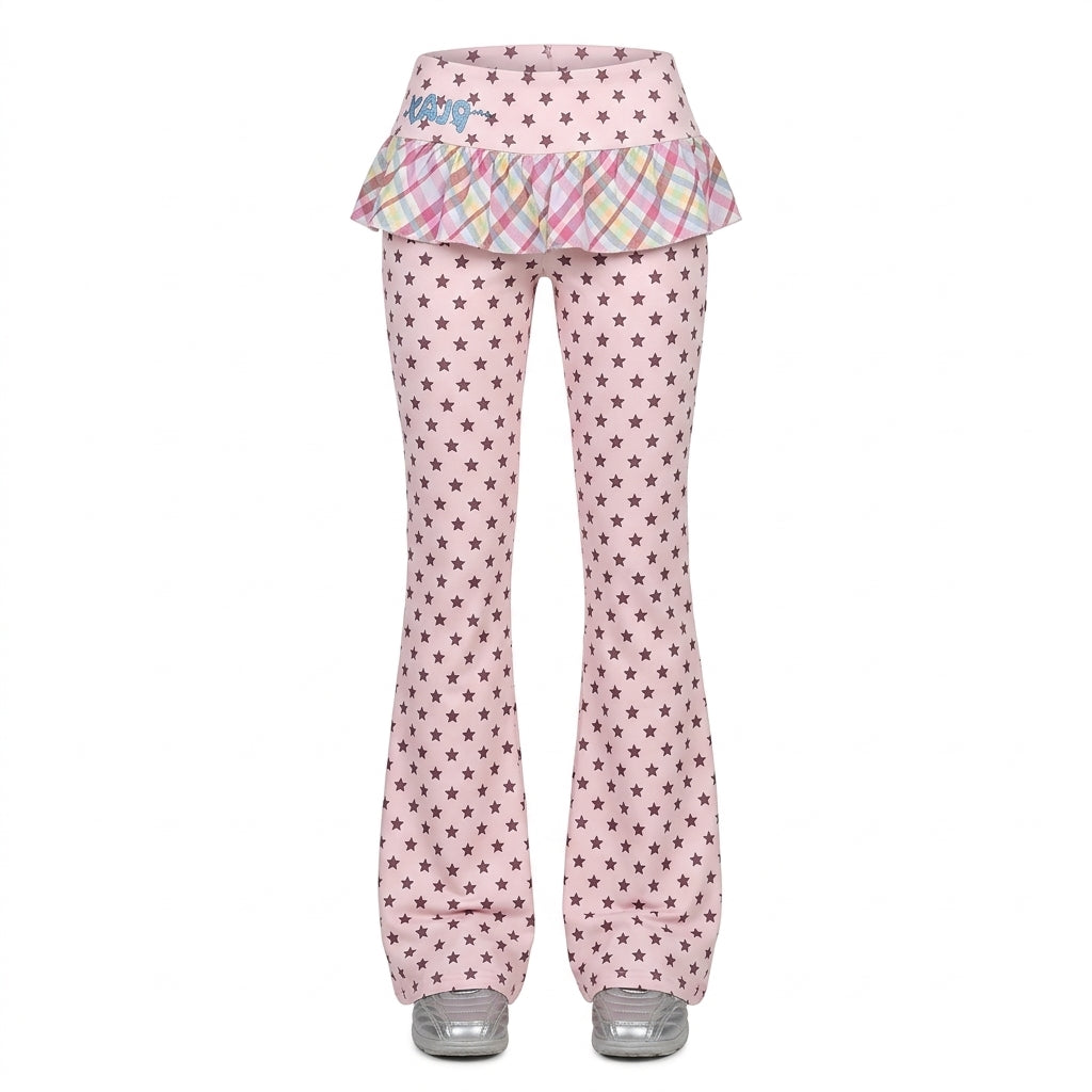 Fairy Kei Star Print Ruffle Flared Pants with Plaid Frill Pink Shoptery