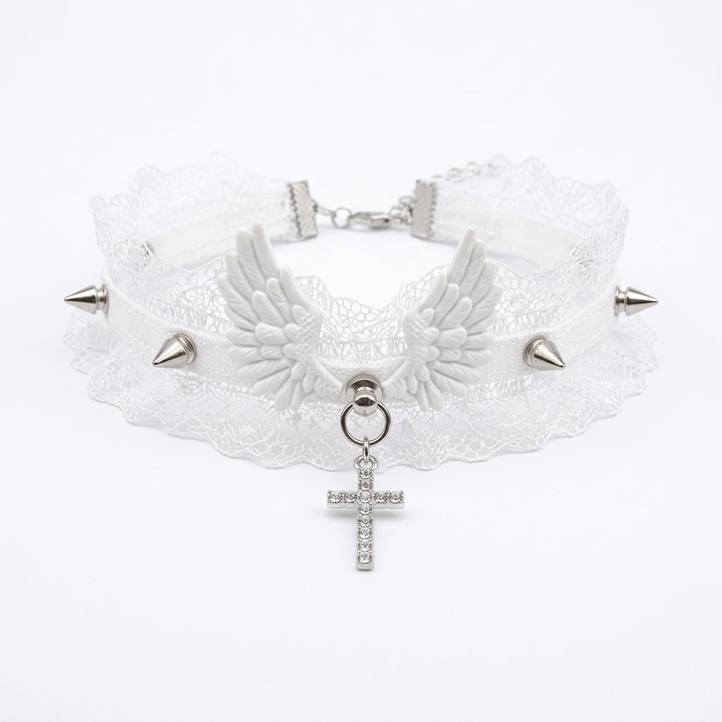 Visual Kei White Lace Angel Wing Spike Cross Choker Shoptery Main image