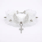 Visual Kei White Lace Angel Wing Spike Cross Choker Shoptery