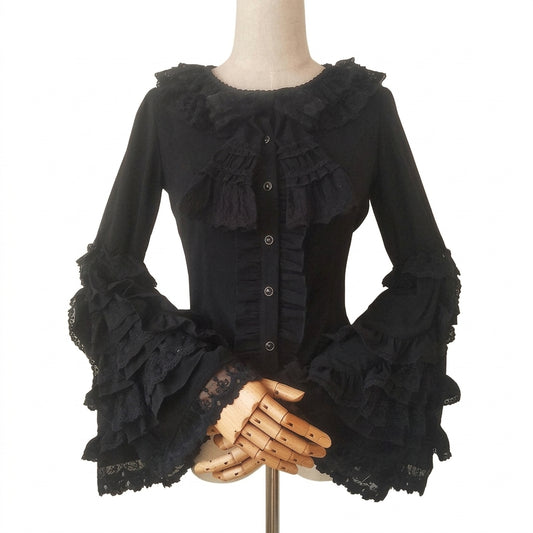 Jirai Kei Black Ruffle Lace Flare Sleeve Button Blouse Shoptery
