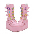 Decora Rainbow Heart Multi-Buckle Platform Mid-Calf Boots in Pink pink rainbow China Mainland Shoptery
