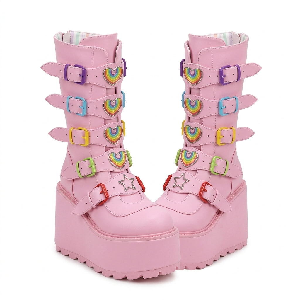 Decora Rainbow Heart Multi-Buckle Platform Mid-Calf Boots in Pink pink rainbow China Mainland Shoptery