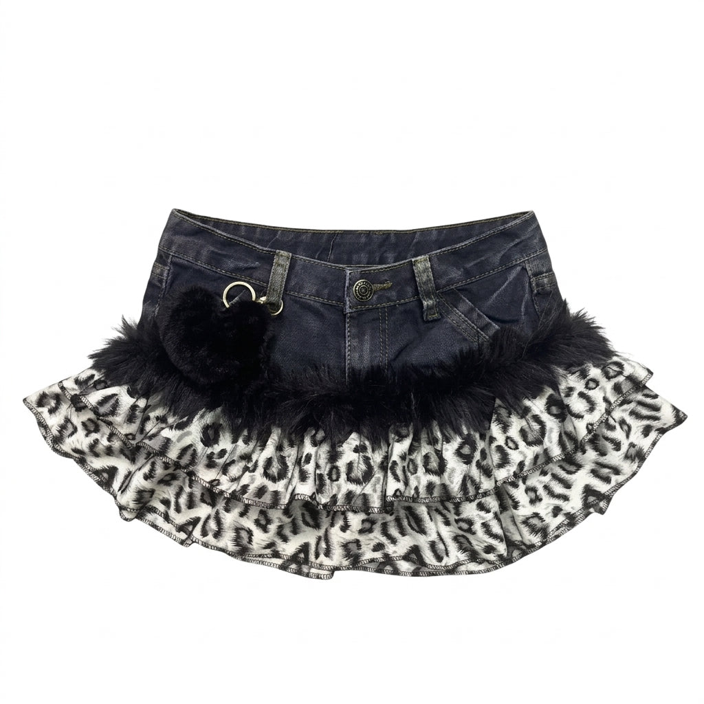 Gyaru Leopard Faux Fur Ruffle Denim Mini Skirt with Pom Charm A3 Shoptery Main image