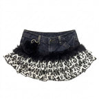 Gyaru Leopard Faux Fur Ruffle Denim Mini Skirt with Pom Charm A3 Shoptery
