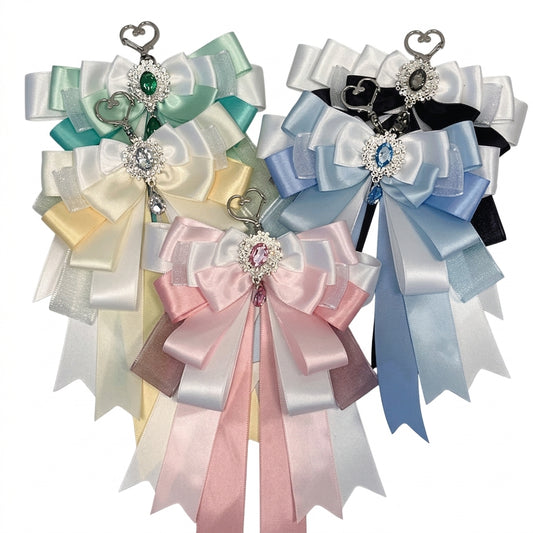 Fairy Kei Layered Satin Bow Charm Pendant with Crystal Jewel Shoptery