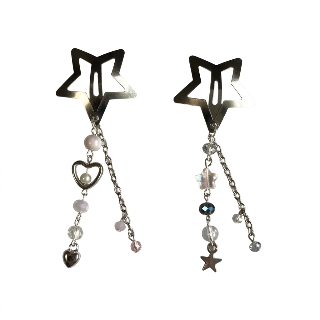 Fairy Kei Star Hair Clip Set with Pearl Heart Crystal Chain Charms Shoptery