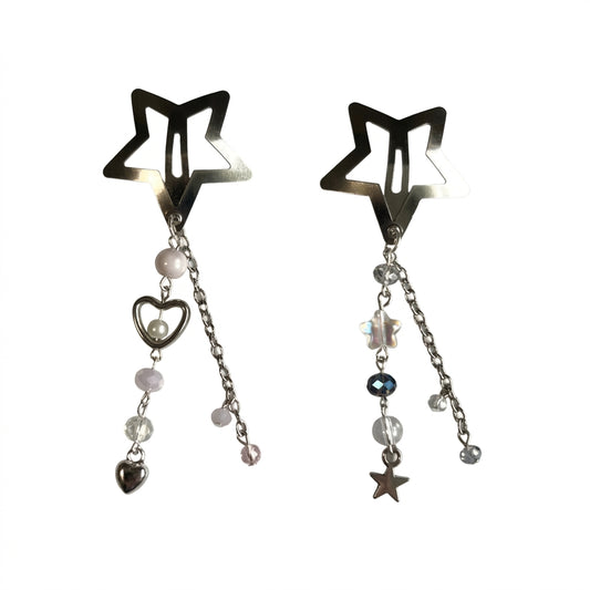 Fairy Kei Star Hair Clip Set with Pearl Heart Crystal Chain Charms Shoptery