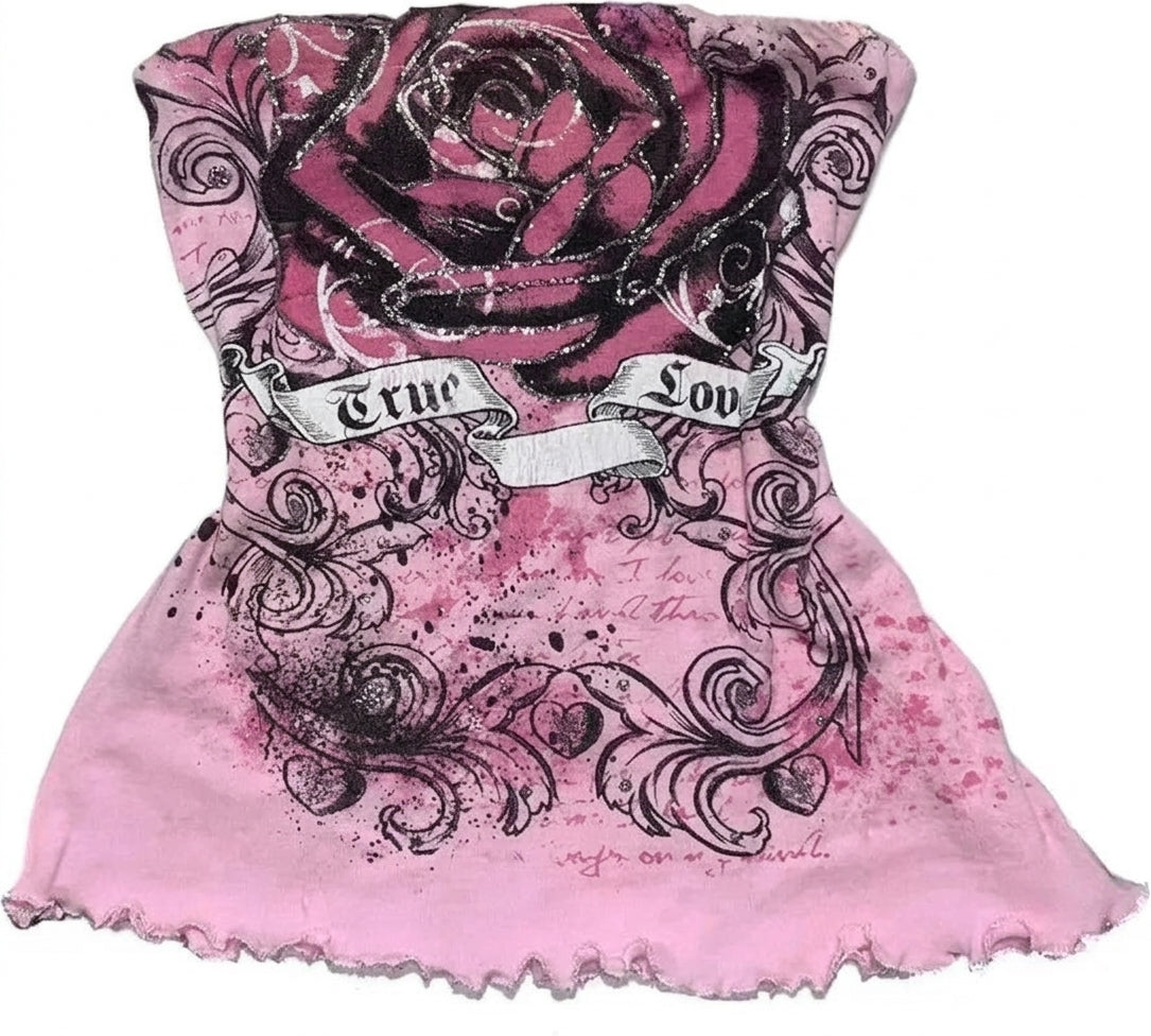 Jirai Kei True Love Rose Glitter Strapless Bandeau Crop Top Pink Shoptery Main image