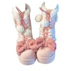 Jirai Kei Pink Bow Pom-Pom Lace-Up Plush Snow Boots Shoptery